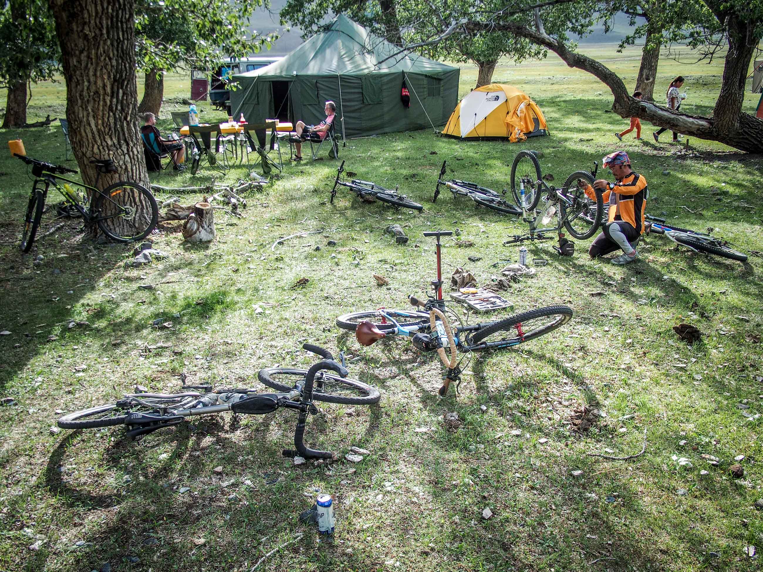 touring cyclist campsite in Mongolia